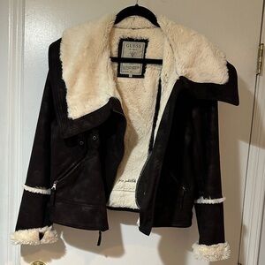 Guess Women's Black Leather Jacket with Cream Accents